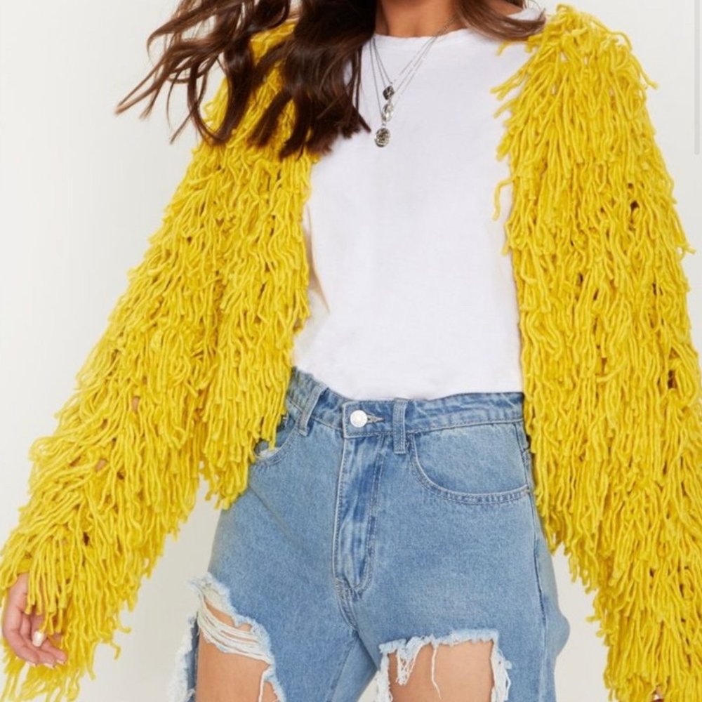 PRETTY LITTLE THING SHAGGY SHAG YELLOW CARDIGAN